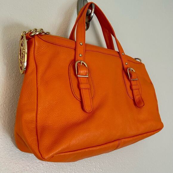 Onna Ehrlich pebbled orange leather handle hand bag colorful charm Tote Large - Picture 3 of 14